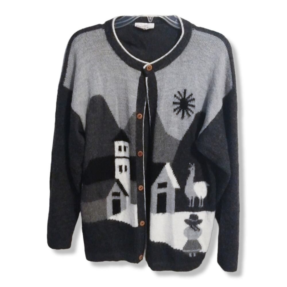 Fira Alpaca Peruvian Landscape Cardigan Sweater Size M